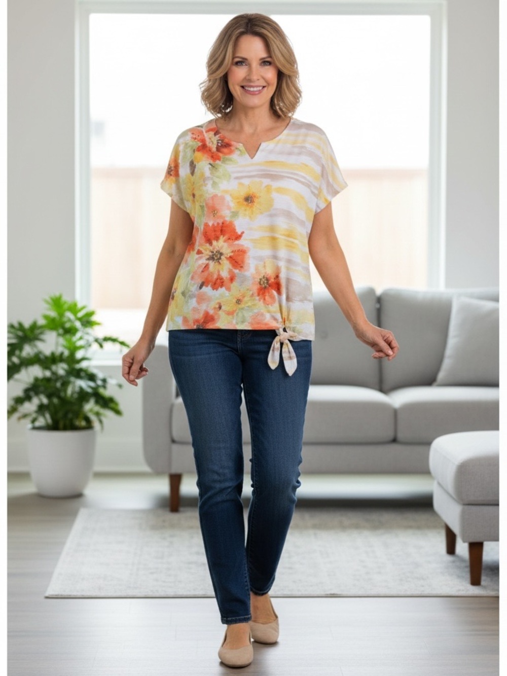 Alfred Dunner Yellow & Orange Floral Tie-Front Blouse